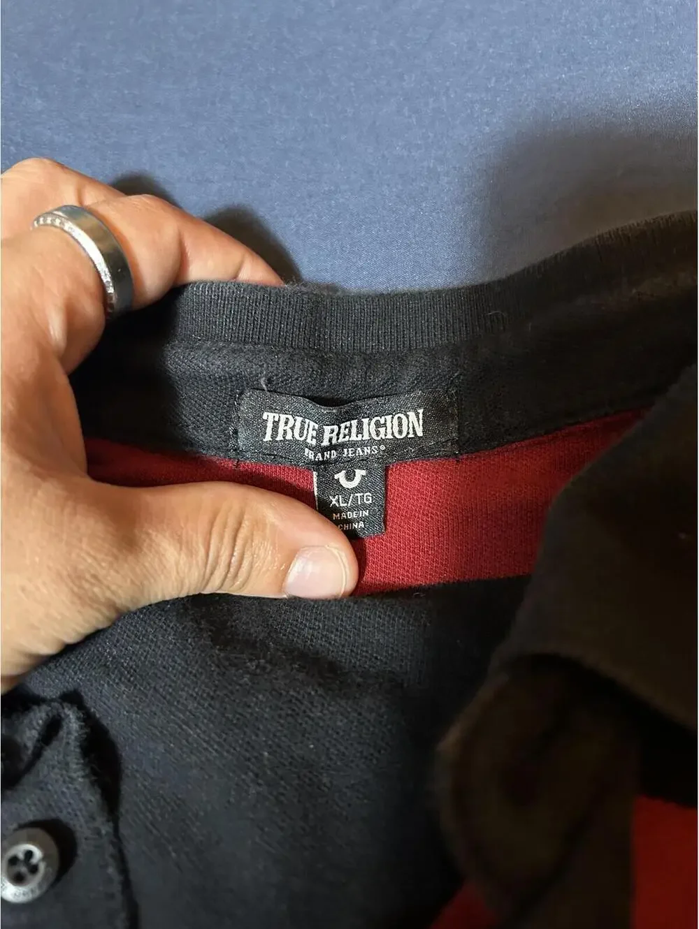 True Religion Black and Red Striped Polo Shirt Men's XL